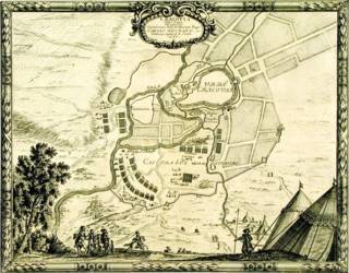 Plan oblężenia Krakowa przez wojska szwedzkie w 1655 roku.